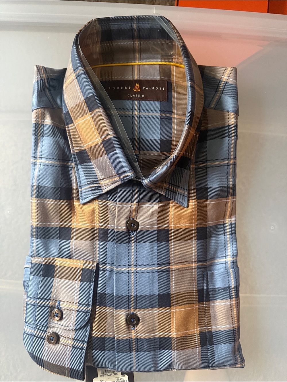 Robert Talbott Plaid Dress Shirt in Blue and Tan